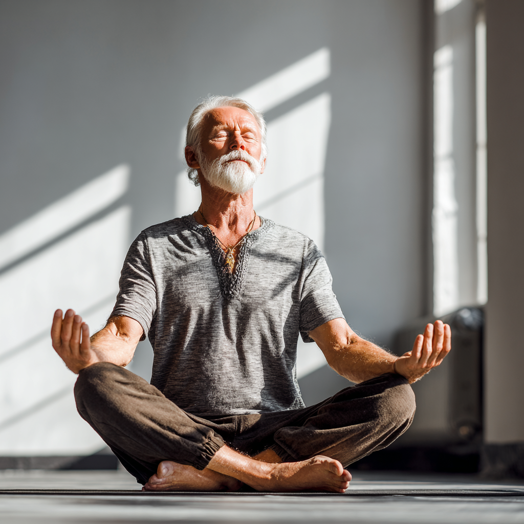 Senior European woman meditating peacefully in lotus position with gentle smile in serene indoor environment