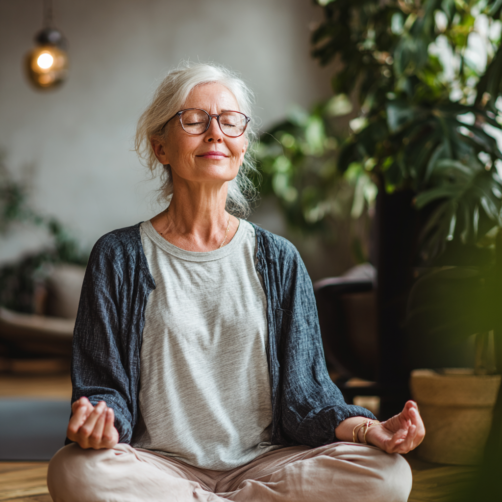 Serene elderly European man in comfortable yoga clothing practicing mindful stretching in a bright, peaceful studio environment